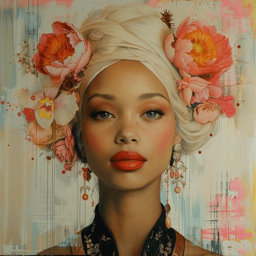 Bloeiende sereniteit, een jonge vrouw met bloemen in pastelkleuren