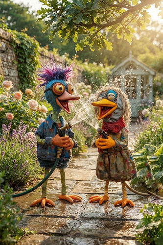 Zwei Entenpuppen spritzen im Garten mit Wasserschlauch