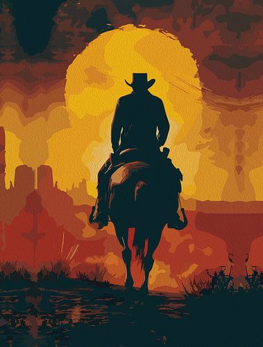 Silhouet van eenzame ruiter bij zonsondergang