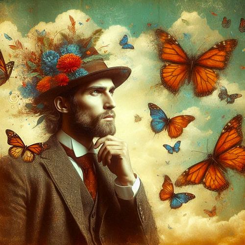 man met hoed en vlinders
