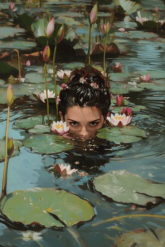Woman among water lilies in still water