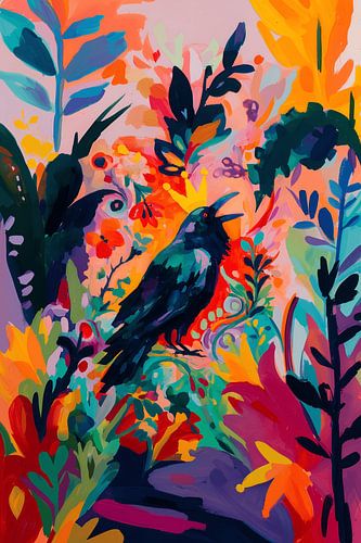 Raven in a colourful garden