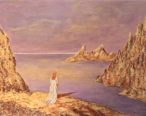 Schilderij met vrouw, kust en oceaan