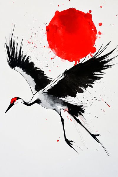 Crane in front of a red sun - Watercolour art by Poster Art Shop