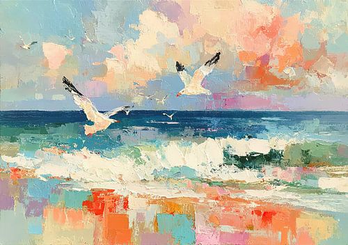Des mouettes volant au-dessus des vagues