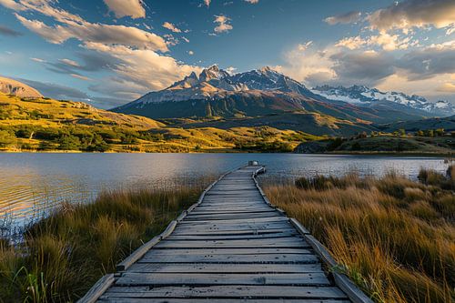 Houten pad naar bergen in schitterend landschap
