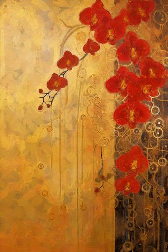 Red Orchids on Gold Background
