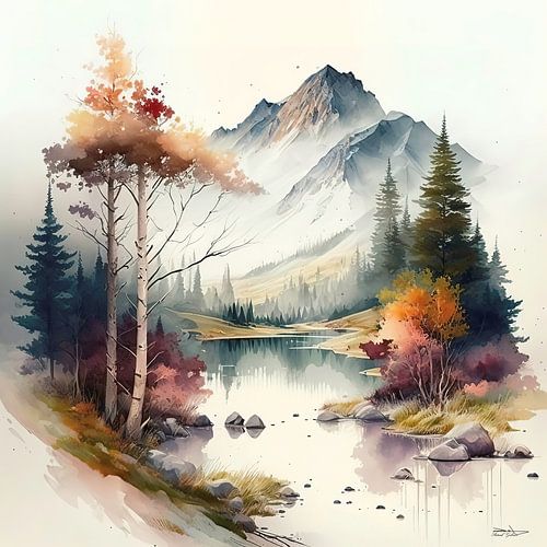 aquarel van een landschap.