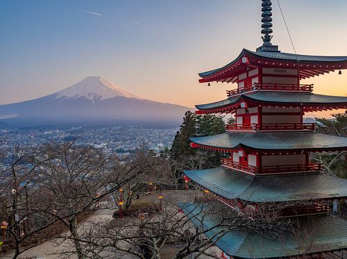 Pagoda with view over Mount Fuji volcano, Japan