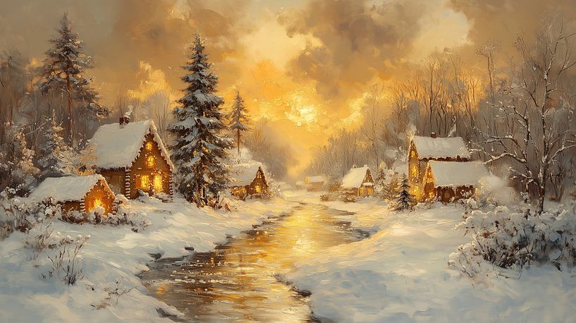 Weihnachtsdorf am Fluss von Abstraktes Gemälde