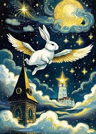 White Rabbit Flying With Wings on the Sky - Starry Night