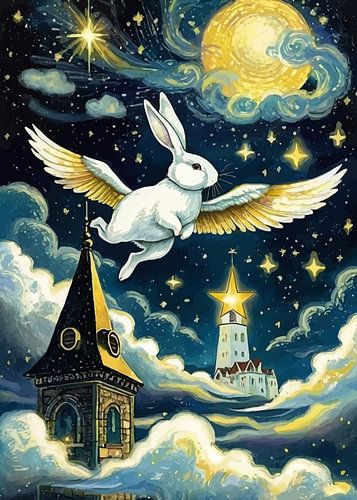 Wit konijn vliegt met vleugels aan de hemel - Sterrennacht