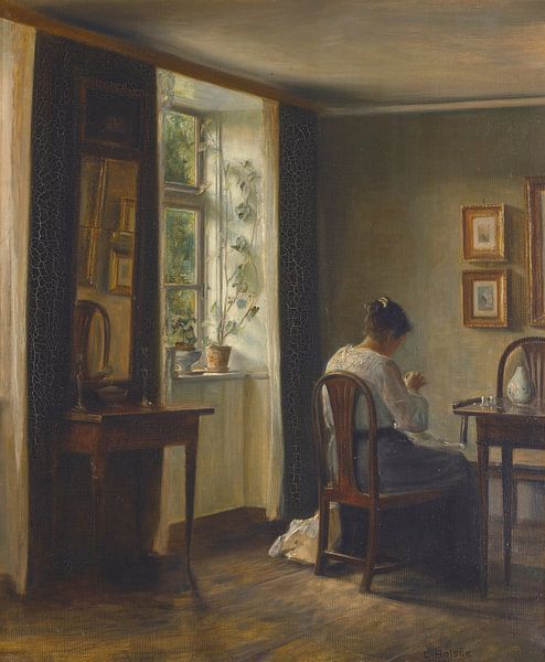 Näherin näht in einem Interieur, Carl Holsøe von Meisterhafte Meister