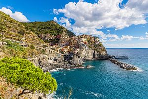 Blick auf Manarola an der Mittelmeerküste in Italien