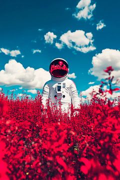 Astronaut in een rood bloemenveld - Surrealistisch van Poster Art Shop