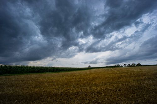 Onweer met dramatische lucht en wolkenformaties boven oogst