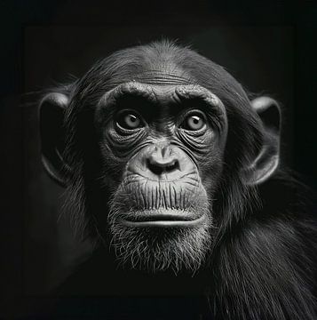 black-and-white portrait of a chimpanzee monkey by Margriet Hulsker