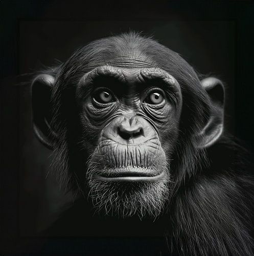 black-and-white portrait of a chimpanzee monkey