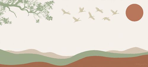 Japandi – Landschaft mit Kranichen und Sonne
