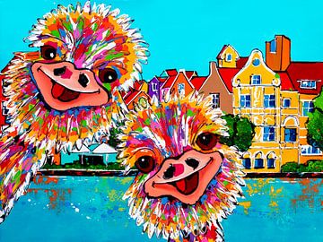 Vrolijke struisvogels in Willemstad, Curaçao van Happy Paintings