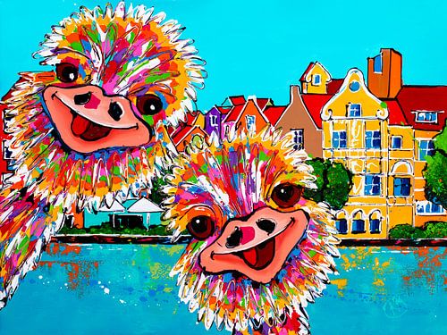 Vrolijke struisvogels in Willemstad, Curaçao van Happy Paintings / Renata Rolefes Art