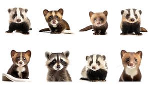 Set with young animals marten, badger, raccoon isolated on white background by Animaflora PicsStock