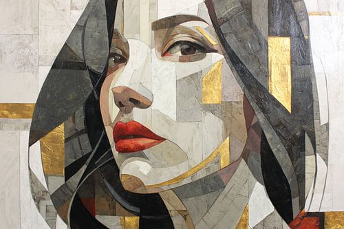 Geometrische Eleganz – Abstrakte Frau mit goldenen Formen