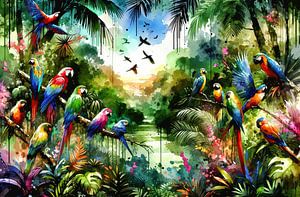 Aquarell Tropische Vögel im Dschungel