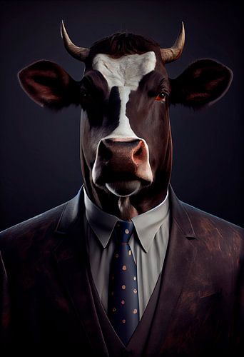 Stately standing portrait of a cow in a suit by Maarten Knops