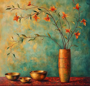 Blumenvase | Goldene Schalen und hohe Vase