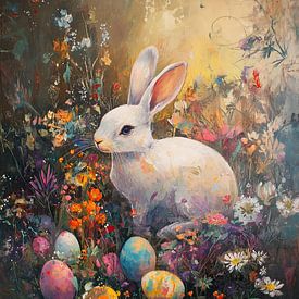 Schilderachtig mooi paas schilderij - Pasen, paashaas, lente en bloemen van Mel Digital Art