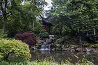 Japanse tuin inclusief waterval en een typisch gebouw