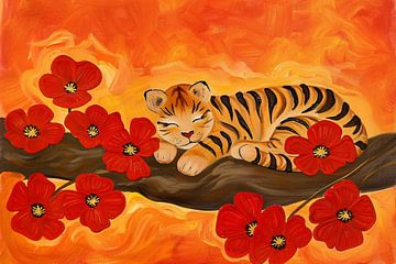 Slapende tijger omringd door rode bloemen van Art & Soul Creations