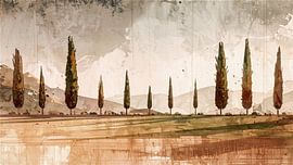 Paysage méditerranéen plein de charme avec des cyprès, peint à l'aquarelle sur Studio Pieternel