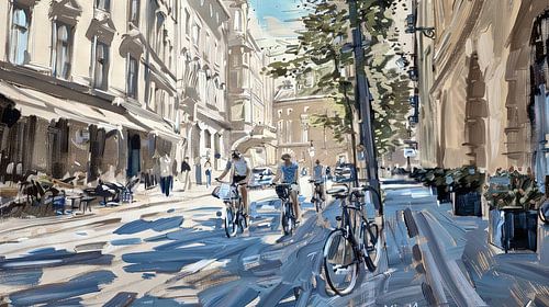 Lively street scene with cyclists