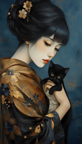 Geisha en haar zwarte kat van Jolique Arte