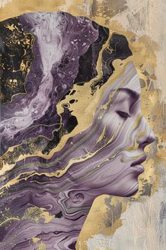 Elegant abstract portrait in purple two-piece with accents of gold by Digitale Schilderijen