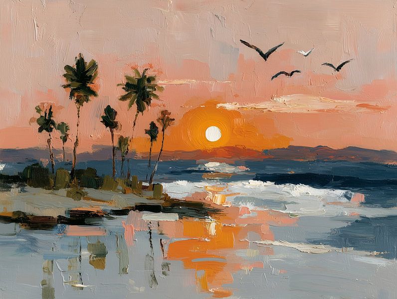 Coucher de soleil en bord de mer sur une île tropicale avec des palmiers par Lina van Oers