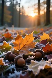 Perles de givre sur feuilles d'automne