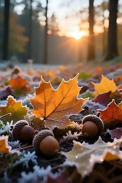 Frostperlen auf Herbstlaub