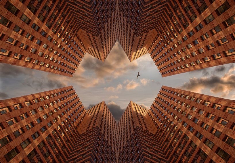 Orange Türme mit bewölktem Himmel und Vogel. von Marcel van Balken