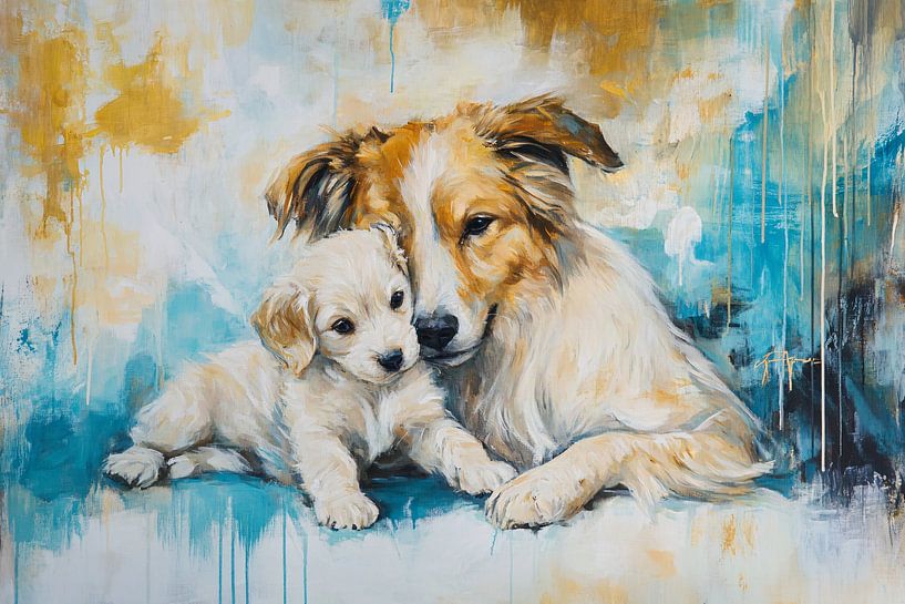 Peinture d'une mère chienne et d'un chiot par Imperial Art House