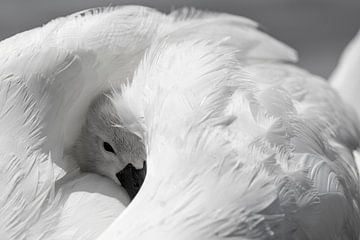 Cygne Poussin dans le plumage de sa mère