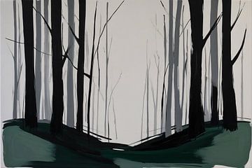 Forêt abstraite avec du vert et du noir sur De Muurdecoratie