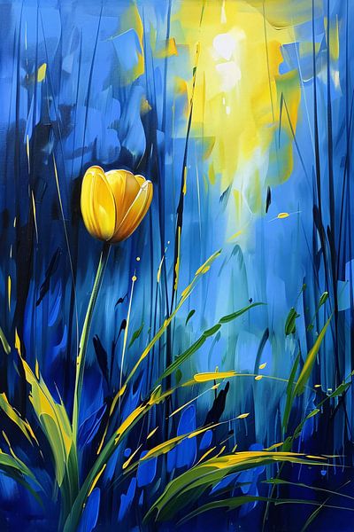Yellow tulip with abstract blue background by Art & Soul Creations