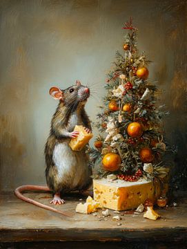Christmas mouse with cheese and tree - warm winter tableau full of charm
