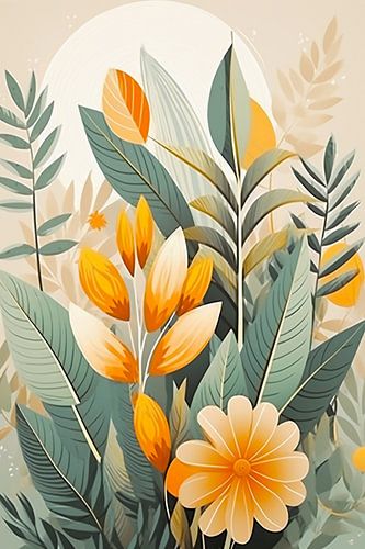 saliegroen en oranje bloemen