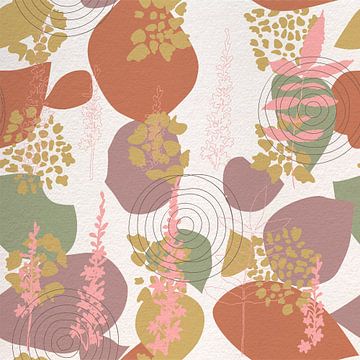 Fleurs dans un style rétro. Art botanique abstrait moderne en rose, vert et orange. sur Dina Dankers