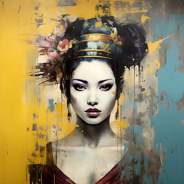 Portret van een aziatische vrouw in goud en blauw, abstract modern van Lauri Creates