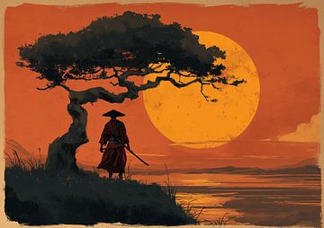 Samurai unter dem Baum bei Sonnenuntergang in traditioneller japanischer Kunst von BINEDITS